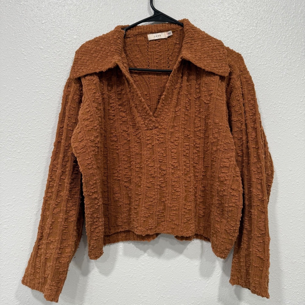 LUSH Maple Coffee Textured Collared V Neck‎ Long Sleeve Cropped Sweater Top S